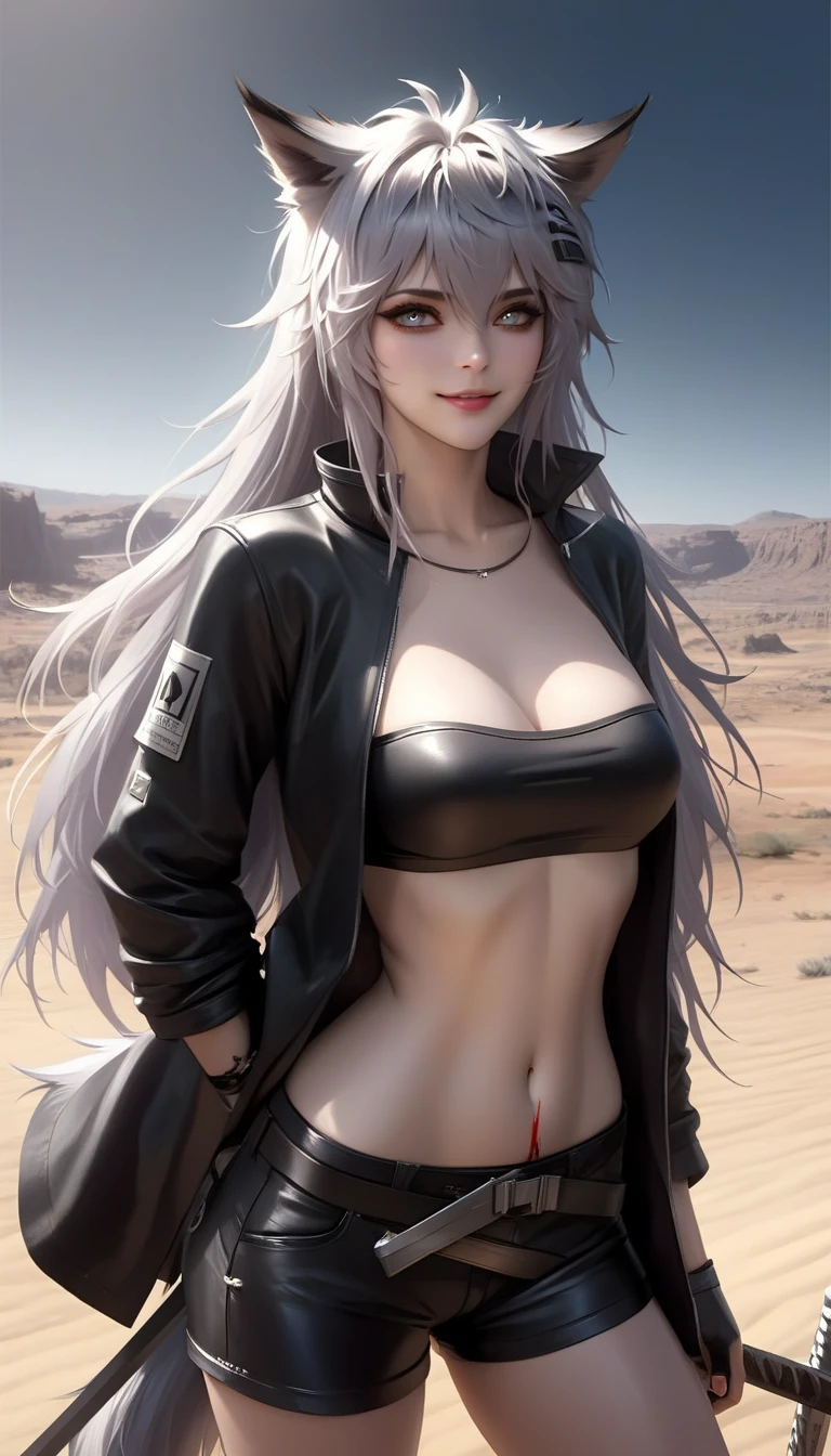  scar across eye,  
((lappland_(arknights), orig)), orig,lappland (arknights),1girl,solo,long hair,breasts,looking at viewer,smile,bangs, outdoors, desert, sky,hair ornament,gloves, long sleeves, navel,holding,animal ears,hair between eyes,medium breasts,very long hair,standing,jacket,weapon,grey hair,thighs,cowboy shot,sweat,open clothes,shorts,teeth,hairclip, midriff,sword, white gloves, fingerless gloves,stomach,nail polish,holding weapon,grin, black jacket,grey eyes,short shorts,strapless,blood, holding sword, black shorts,wolf ears, bandeau, tube top,

(masterpiece, best quality), dim light, cinematic shot, absurdres, HD, 8k, beautiful, detailed, sharp, cinematic lighting, highest quality, ((perfect face, very deep eyes)), Milf, mature female,
