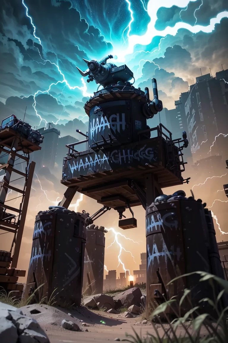 ((masterpiece,best quality)), <<lora:Ork_World:1>, Ork World, (graffiti, waaagh, white text, english text:1.1), weapon, outdoors, sky, no humans,, swirling energy, lightning, electricity, robot, mecha,