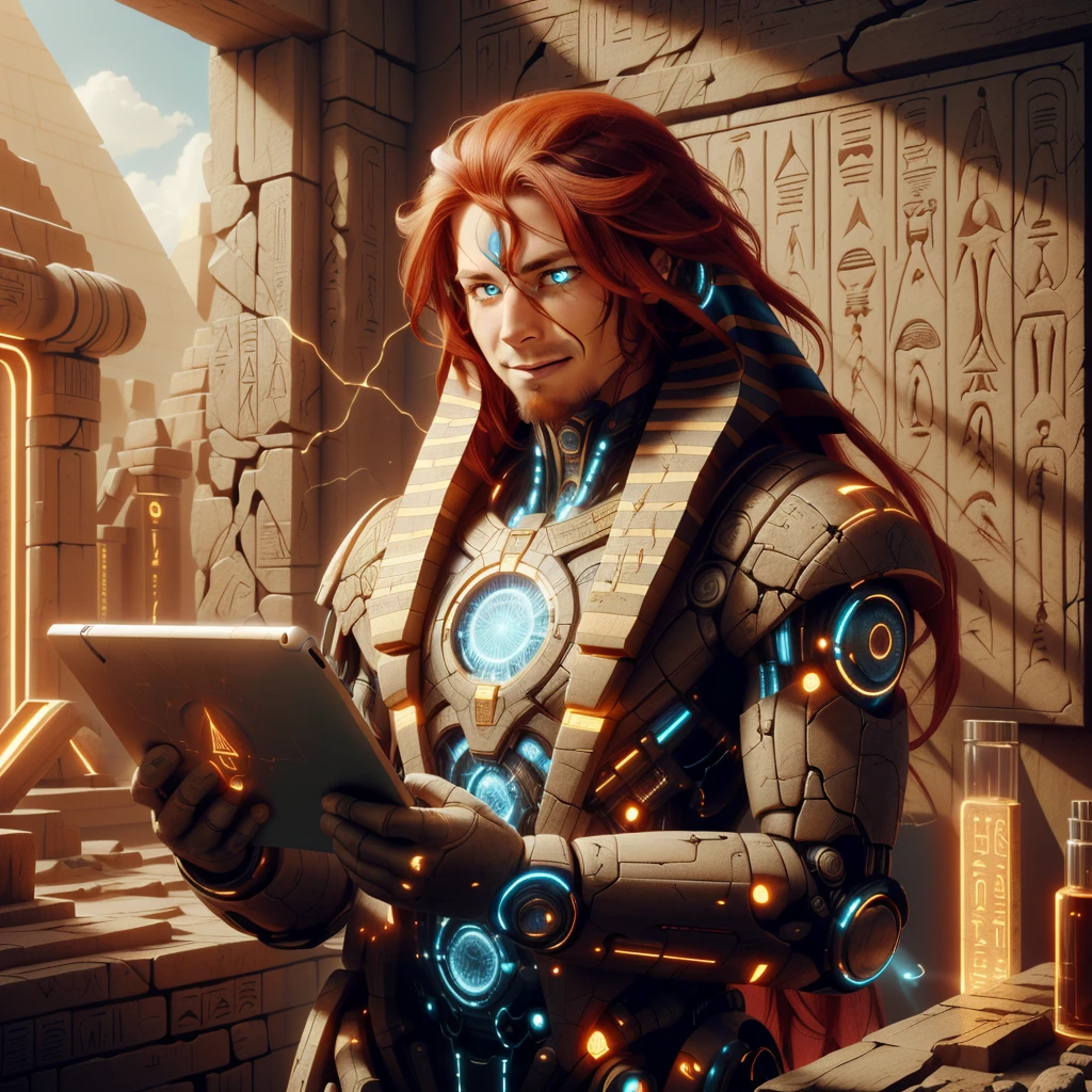<lora:EgyptTech:0.8> egypttech ,scifi, hieroglyphs, sandstone,
scholar , scroll, 1boy, man, long hair, (red hair,:1.3) glowing eyes, smile ,closed mouth, multicolored hair, holding a tablet, in a lab, hair flowing over, standing,