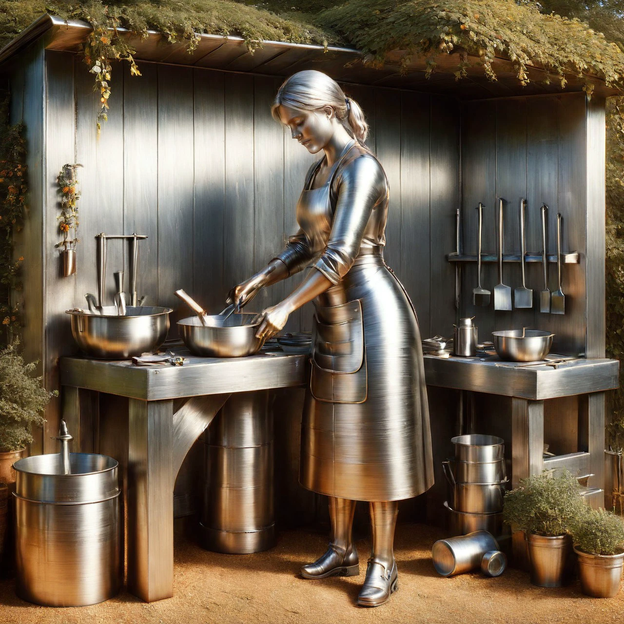 ais-steelz coloured sharp cs-m3tal-ok_v03-1600 professional photograph of Dutch female blacksmith, made of anodised aluminum, in a garden <lora:Brushed_Steel_Style_SDXL:1 >