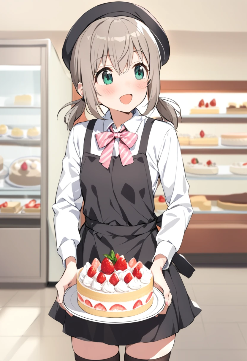 1girl, yukimura aoi, solo, cake, thighhighs, open mouth, smile, black legwear, green eyes, strawberry, white shirt, fruit, grey hair, blurry, indoors, showcase, blurry background, collared shirt, plate, beret, :d, low twintails, black apron, holding plate, long sleeves, black headwear, short twintails, depth of field, striped, pink neckwear, blush, looking away, pink bow, hair between eyes, short hair, zettai ryouiki, door, cowboy shot, standing, looking to the side, striped bow, bowtie, pinafore dress, holding food, striped neckwear, strawberry shortcake, cake slice, eyebrows visible through hair, employee uniform, birthday cake, dress shirt, aqua eyes, collarbone, sidelocks, diagonal stripes, silver hair, happy birthday, hair tie, black skirt, wing collar, black dress, long hair, masterpiece, best quality <lora:yukimura_aoi_sdxl_locon_ani_v1:0.7>
