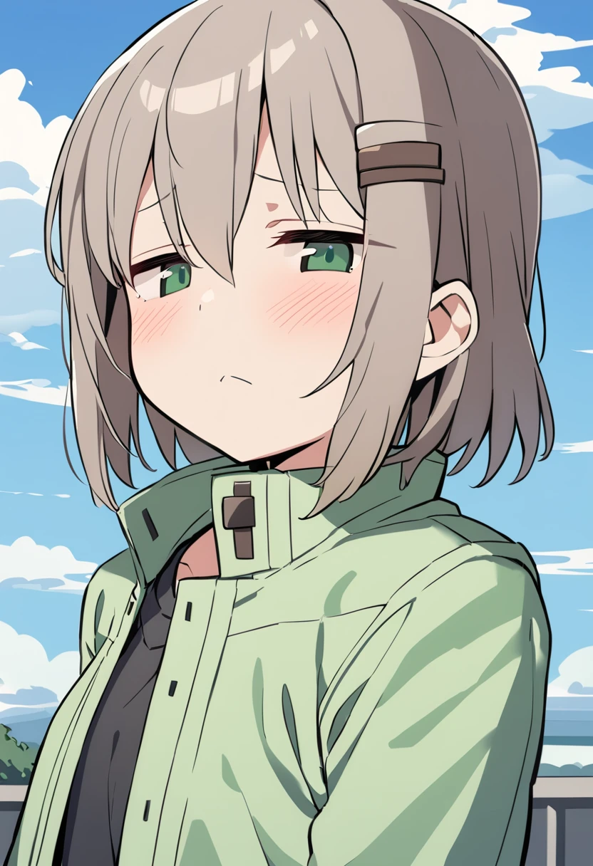 1girl, yukimura aoi, solo, hair ornament, hairclip, green eyes, short hair, blush, cloud, half-closed eyes, day, grey hair, :<, blue sky, green jacket, looking at viewer, closed mouth, upper body, black shirt, outdoors, sleepy, brown hair, jitome, silver hair, looking down, expressionless, frown, hair between eyes, sad, open jacket, cloudy sky, masterpiece, best quality <lora:yukimura_aoi_sdxl_locon_ani_v1:0.7>