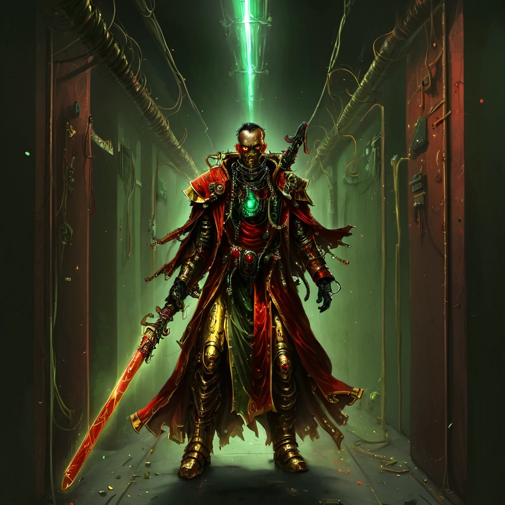 a nqstrman man in a red and gold outfit holding a sword,  grim darkness, gritty, dark corridor, metal walls, steel beams, pipe, wires, science fiction, red and green glow