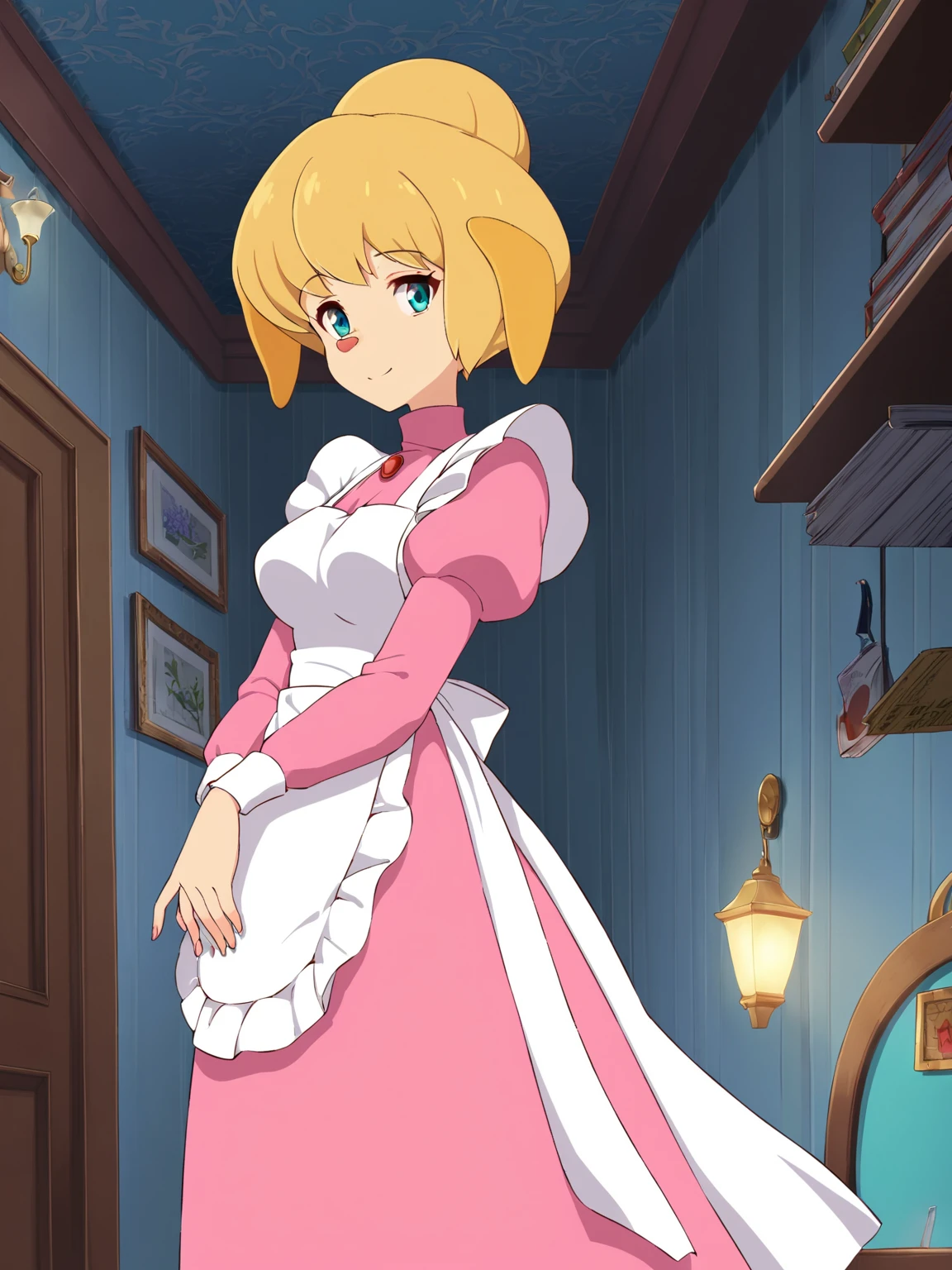 score_9, score_8_up, score_7_up,best quality, 4k, uncensored, prefect lighting, rating_explicit, very aesthetic,
1girl,solo,zzhudaa,(furry female, animal nose:1.2) ,1girl, solo, blonde hair, short hair, hair bun, blue eyes
,pink maid ,apron, long skirt, turtleneck ,
, medium breasts, looking at viewer,
indoor , sianding , room,Chandelier
upper body, cinematic angle and cinematic pose, newest , official art ,shy smile
<lora:SHHudson_Animaginev1:1>