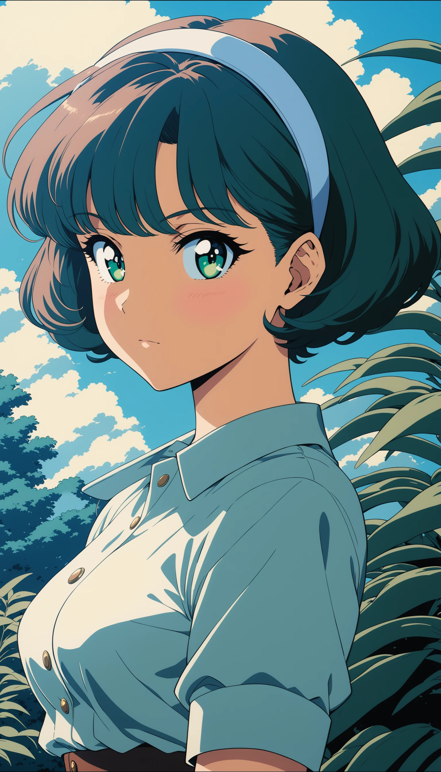 1girl, blue background, buttons, closed mouth, green eyes, hairband, looking at viewer, mj manga, official style, outdoors, plant, retro artstyle, shirt, short hair, sky, upper body, cinematic angle, cinematic lighting, masterpiece, best quality , <lora:MJMangaSDXL:0.8>