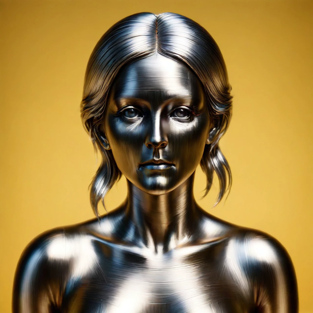 ais-steelz coloured sharp cs-m3tal-ok_v03-1600 professional photograph of Spanish female zombie, made of anodised aluminum, in a garden <lora:Brushed_Steel_Style_SDXL:1 >