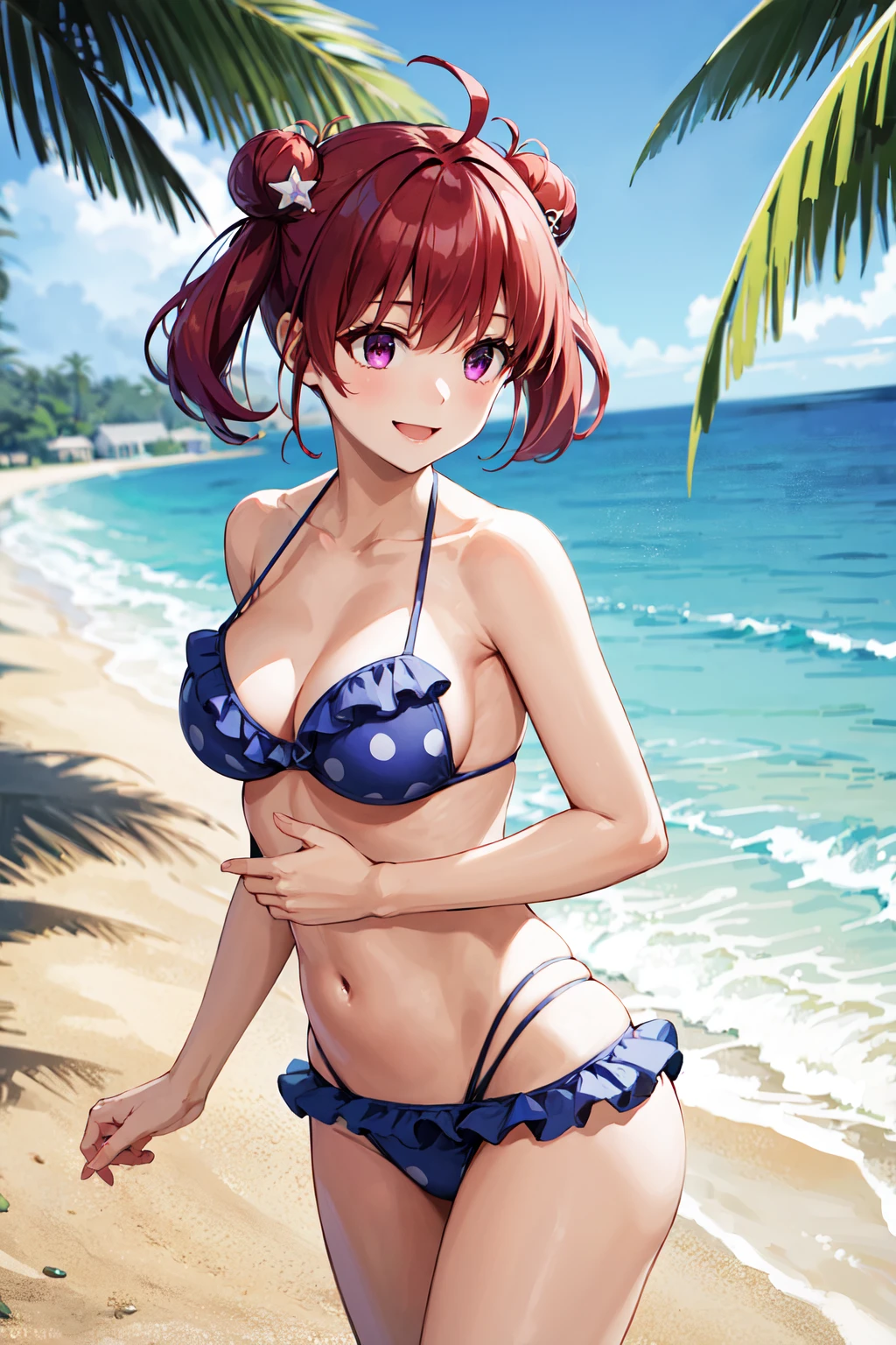 masterpiece, best quality, highres, 1girl, solo, short hair, red hair, short twintails, double bun, ahoge, hair ornament, purple eyes, large breasts, frilled bikini, blue bikini, polka dot, <lora:hashima_izumi_v1:0.7>, beach, smile, standing, cowboy shot,