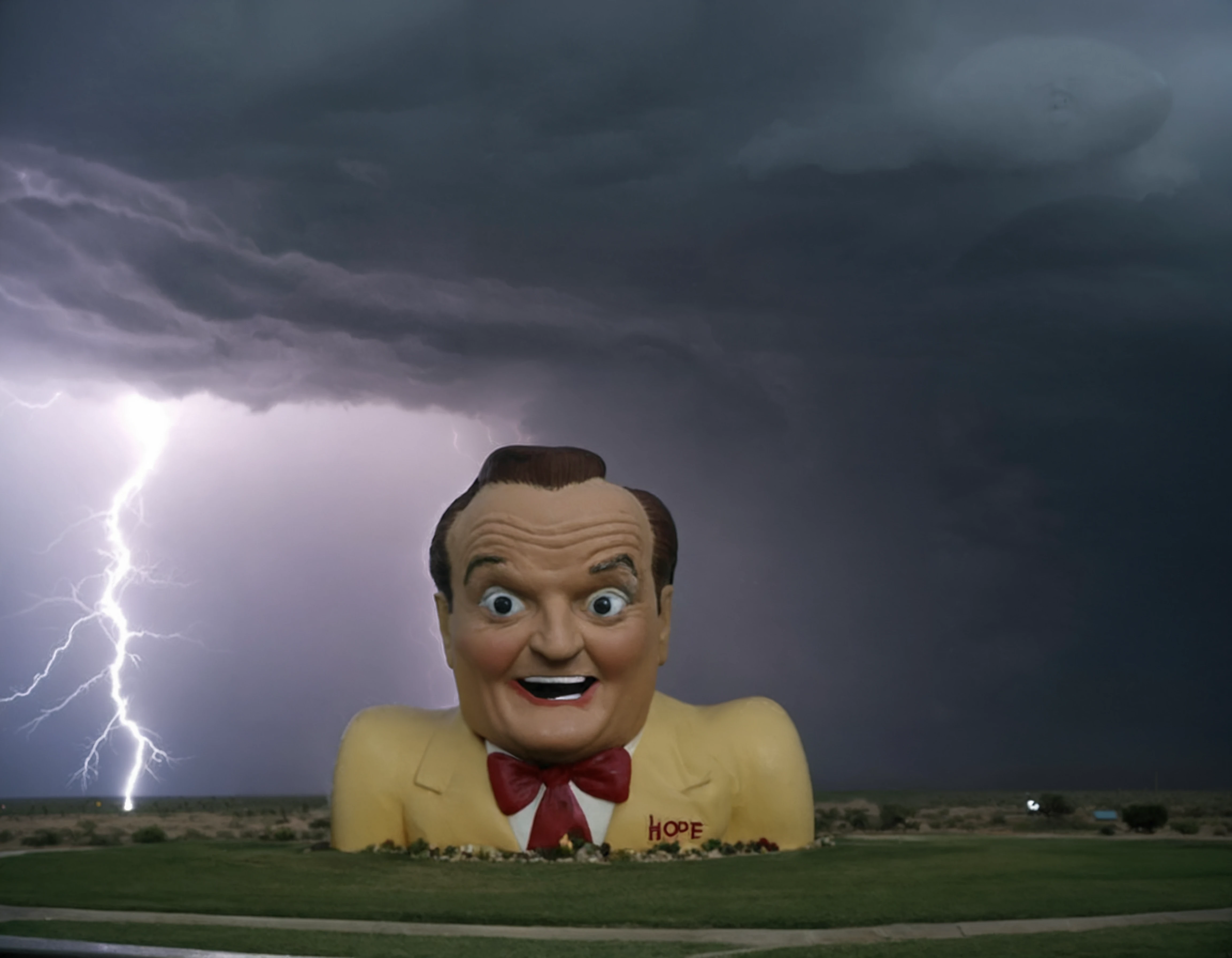 A Bob Hope shaped novarc brothel in a thunderstorm <lora:Novelty_Architecture:1>