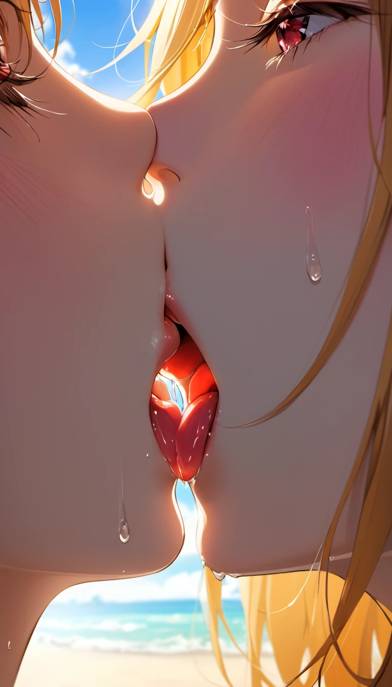 french kiss, saliva, close-up, vivid, scenery, detailed background, masterpiece, best quality, high quality, absurdres