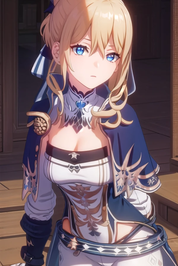 jean, <lora:genshin jean ingame-lora-nochekaiser:1>,
jean, long hair, bangs, blue eyes, blonde hair, bow, hair between eyes, ponytail, hair bow, sidelocks,
BREAK gloves, belt, capelet, cleavage, pants, white pants, detached sleeves, detached collar,
BREAK outdoors,
BREAK looking at viewer, (cowboy shot:1.5),
BREAK <lyco:GoodHands-beta2:1>, (masterpiece:1.2), best quality, high resolution, unity 8k wallpaper, (illustration:0.8), (beautiful detailed eyes:1.6), extremely detailed face, perfect lighting, extremely detailed CG, (perfect hands, perfect anatomy),