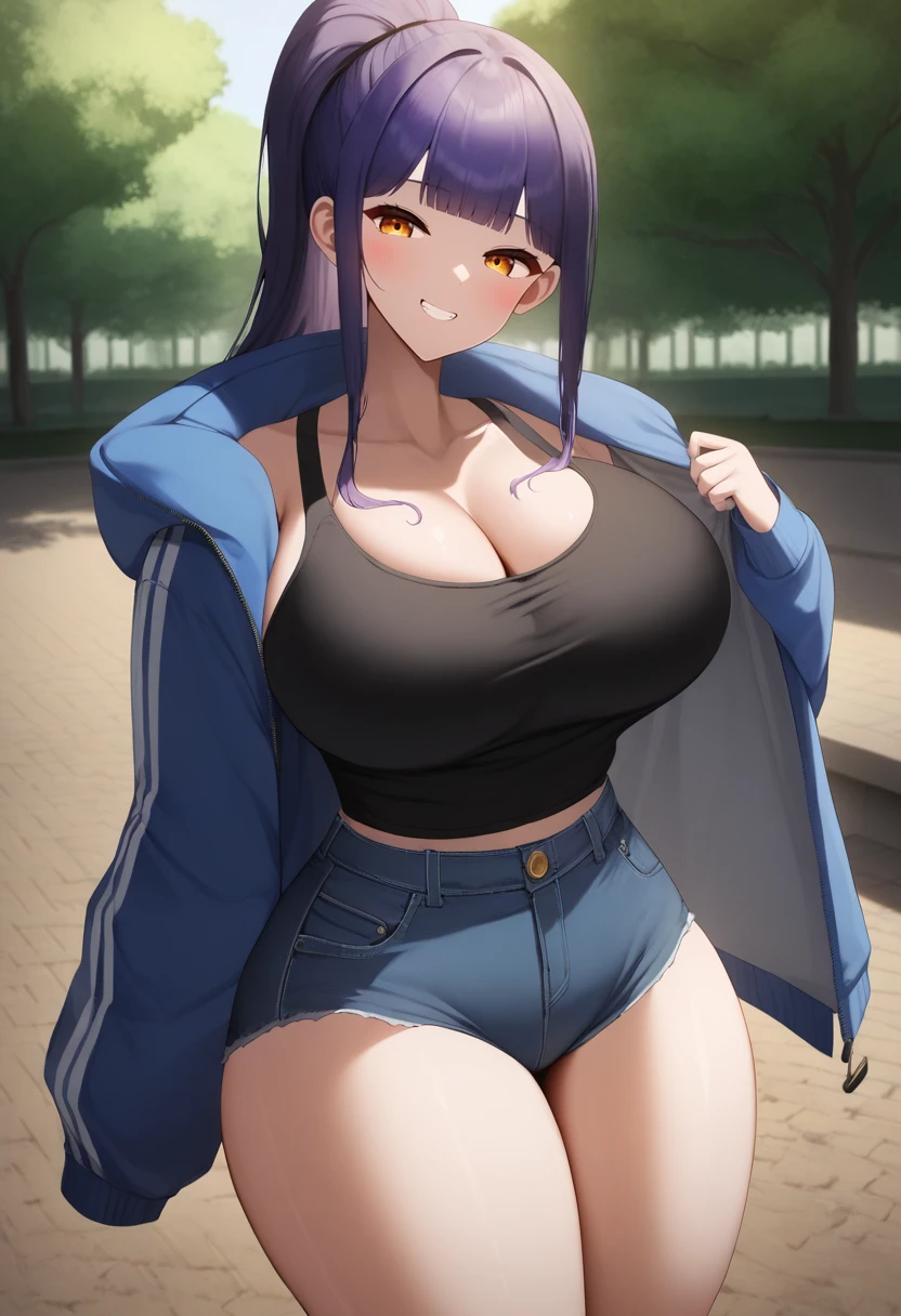score_9, score_8_up, score_7_up, source_anime, 1girl, solo, park, amber eyes, violet hair, blue jacket, open jacket, black tank top, jean shorts, seated, on a rock, cowboy shot, grin, blush, big breasts, wide hips, thick thighs, blunt bangs, ponytail,by nicorima <lora:Nicorima-Style-PonyXL:1>