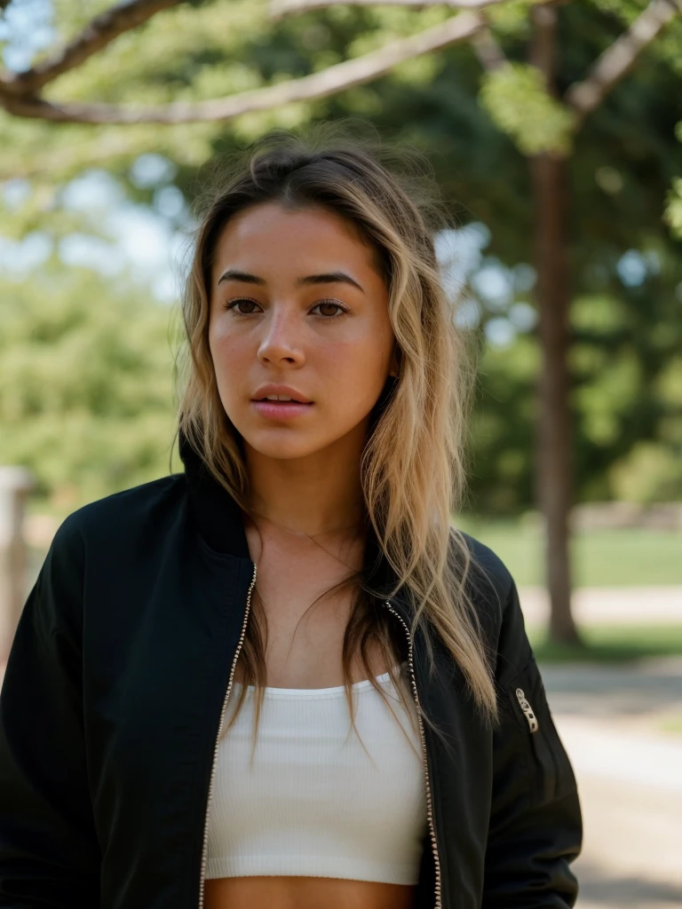 A beautiful 0l1v14d woman,1girl,solo,blonde hair,jacket,upper body,blurry,black eyes,looking to the side,depth of field,blurry background,closed zipper,realistic,soft lighting, professional Photography, Photorealistic, detailed, RAW, analog, sharp focus, 8k, HD, high quality, masterpiece<lora:0l1v14d:1.0>