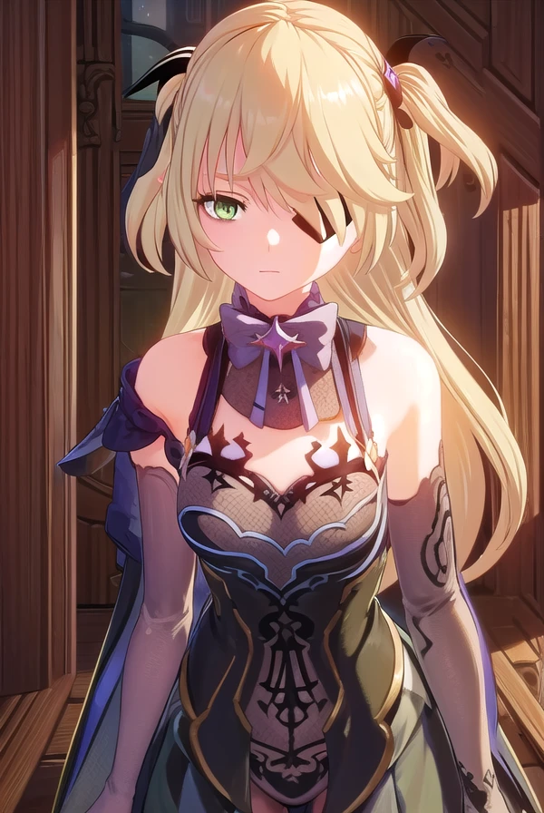 fischl, <lora:genshin fischl ingame-lora-nochekaiser:1>,
fischl, long hair, bangs, blonde hair, ribbon, (green eyes:1.3), hair ribbon, hair over one eye, two side up, eyepatch
BREAK gloves, bow, bare shoulders, black gloves, elbow gloves, bowtie,
BREAK outdoors,
BREAK looking at viewer, (cowboy shot:1.5),
BREAK <lyco:GoodHands-beta2:1>, (masterpiece:1.2), best quality, high resolution, unity 8k wallpaper, (illustration:0.8), (beautiful detailed eyes:1.6), extremely detailed face, perfect lighting, extremely detailed CG, (perfect hands, perfect anatomy),
