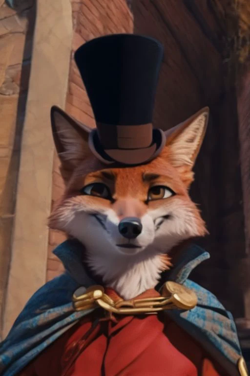 <slora:add_detail:0.4> (("honest"_John_Foulfellow)), Fox, Smiling, Gloves Suit, Cape, Top Hat, headshot