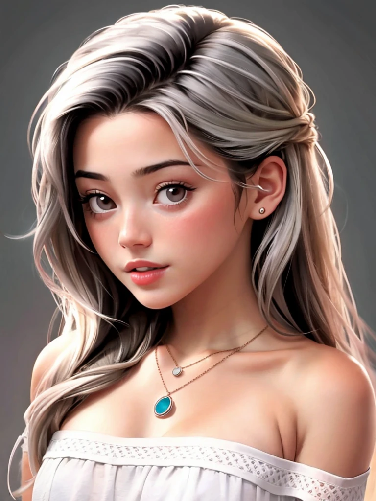 A beautiful 0l1v14d woman, 1girl,solo,long hair,looking at viewer,simple background,bare shoulders,jewelry,white hair,parted lips,grey background,necklace,black eyes,lips,portrait,realistic,soft lighting, professional Photography, Photorealistic, detailed, RAW, analog, sharp focus, 8k, HD, high quality, masterpiece<lora:0l1v14d:1.0>