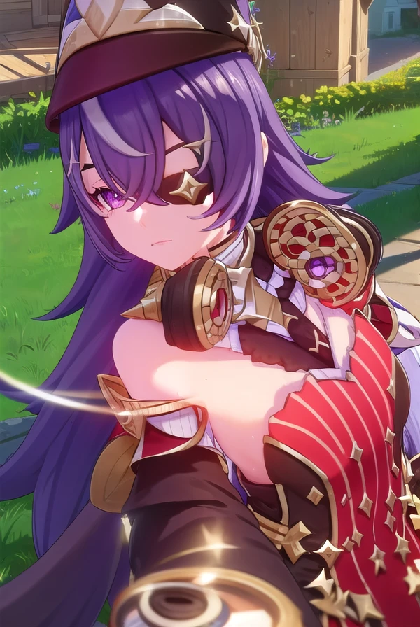chevreuse, <lora:genshin chevreuse ingame-lora-nochekaiser:1>,
chevreuse, long hair, bangs, hair between eyes, (purple eyes:1.1), purple hair, (eyepatch:1.5),
BREAK gloves, hat, dress, bare shoulders, detached sleeves,
BREAK outdoors,
BREAK looking at viewer, (cowboy shot:1.5),
BREAK <lyco:GoodHands-beta2:1>, (masterpiece:1.2), best quality, high resolution, unity 8k wallpaper, (illustration:0.8), (beautiful detailed eyes:1.6), extremely detailed face, perfect lighting, extremely detailed CG, (perfect hands, perfect anatomy),