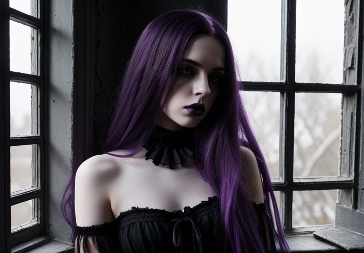 gothic, long hair, purple hair, prefect eyes, black long neck dress, beautiful, gorgeous face, detailed background, RAW photo, subject, high quality, film grain, Fujifilm, intrincate details, dramatic shadows, rays of light from window, detailed face, window make beautifull shadows, intrincate skin, pale skin, cold colors, winter from window, dark lipstick, black eyeliner <lora:gothic_v1:1>