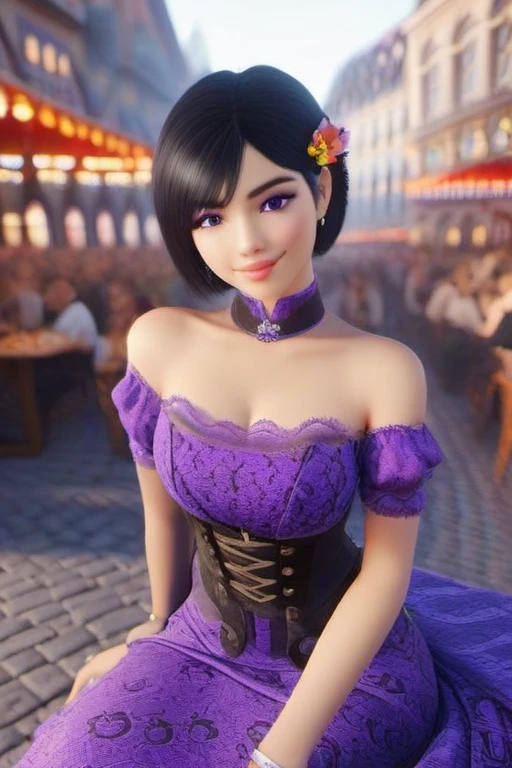 ((cowboy shot)), image of young girl aruni with black hair flower in hair, siting on the beach <lora:Aruni_from_Raibow_Six_Siege_SDXL:0.64> 1girl, aruni, short hair, purple eyes, hair ornament, hair flower, flower, (happy face)), she wear ((mermaid dress)) , Sitting on a chair with one hand on the knee and the other hand holding a phone or a tablet.,masterpiece, best quality, unity 8k, octane render, intricated details, perfect quality, perfect face, rim lights, intricated details, realistic shadows, in ((A bustling, vibrant Munich street during Oktoberfest)) background, detailed background