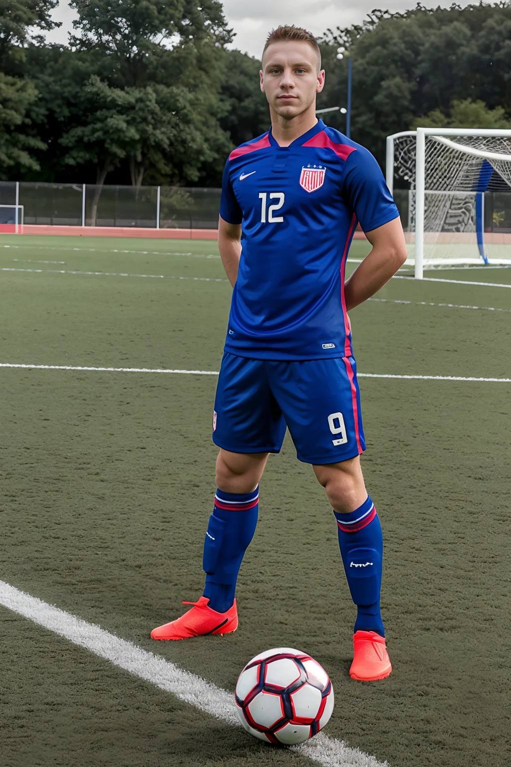 ((on a soccer field)), soccer players playing in the background, LucasKnight is a soccer player, slight smile, wearing uniform of USMNT, ((resting foot on top of soccer ball)), masterpiece, (((full body portrait))), wide angle, (looking at viewer), photorealistic, <lora:LucasKnight-000009:0.8>