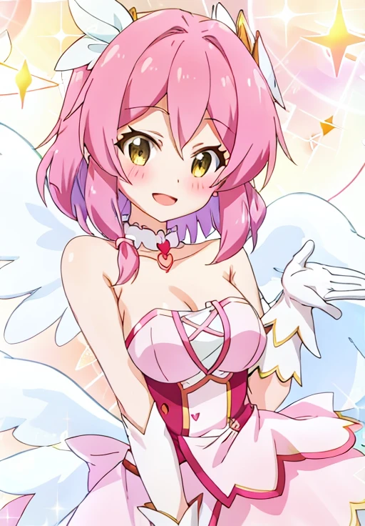 <lora:Killing_Slimes_300_Yrs_Max_Level:1>, Eno, solo, breasts, looking at viewer, blush, smile, short hair, open mouth, gloves, dress, bow, bare shoulders, collarbone, upper body, :d, hair bow, heart, frills, wings, choker, white gloves, star (symbol), sparkle, strapless, parody, magical girl, short twintails, pink bow, feathered wings, angel wings, white wings, idol, anime coloring