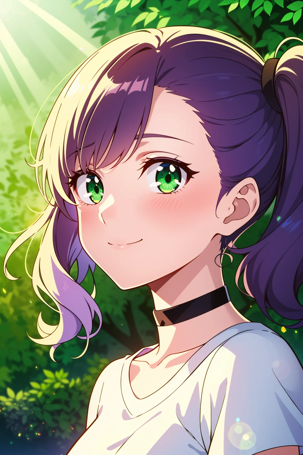 1girl, solo,
medium hair, wavy hair, purple hair, green eyes, side ponytail, small breasts, white t-shirt, choker, light smile,
portrait, forest, lens flare,
masterpiece, best quality,