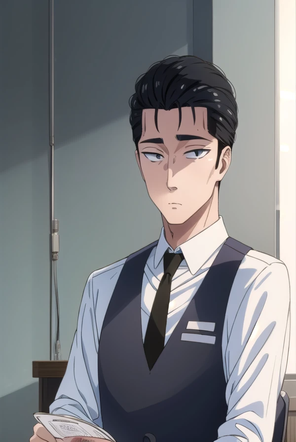 masamikondou, <lora:masami kondou s1-lora-nochekaiser:1>,
masami kondou, short hair, black hair, male focus, (black eyes:1.5), mature male,
BREAK shirt, long sleeves, white shirt, necktie, collared shirt, pants, vest, black pants, black necktie, black vest,
BREAK indoors, restaurant,
BREAK looking at viewer, (cowboy shot:1.5),
BREAK <lyco:GoodHands-beta2:1>, (masterpiece:1.2), best quality, high resolution, unity 8k wallpaper, (illustration:0.8), (beautiful detailed eyes:1.6), extremely detailed face, perfect lighting, extremely detailed CG, (perfect hands, perfect anatomy),