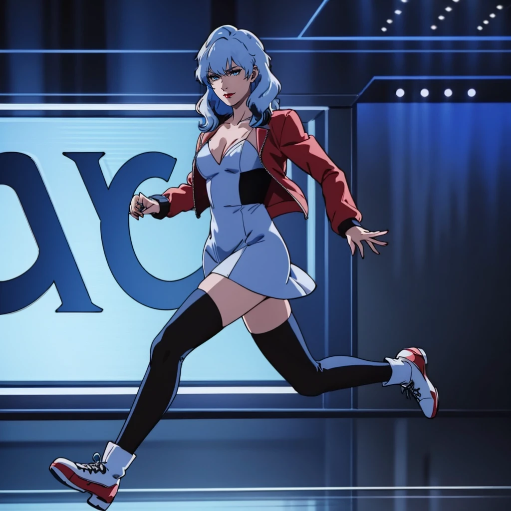 <lora:Jane001:0.7>,
Jane,1girl,blue hair,long hair,blue eyes,red_lips_,solo,
jacket,long_sleeves,dress,collarbonea,thigh-high socks,
full body,running,