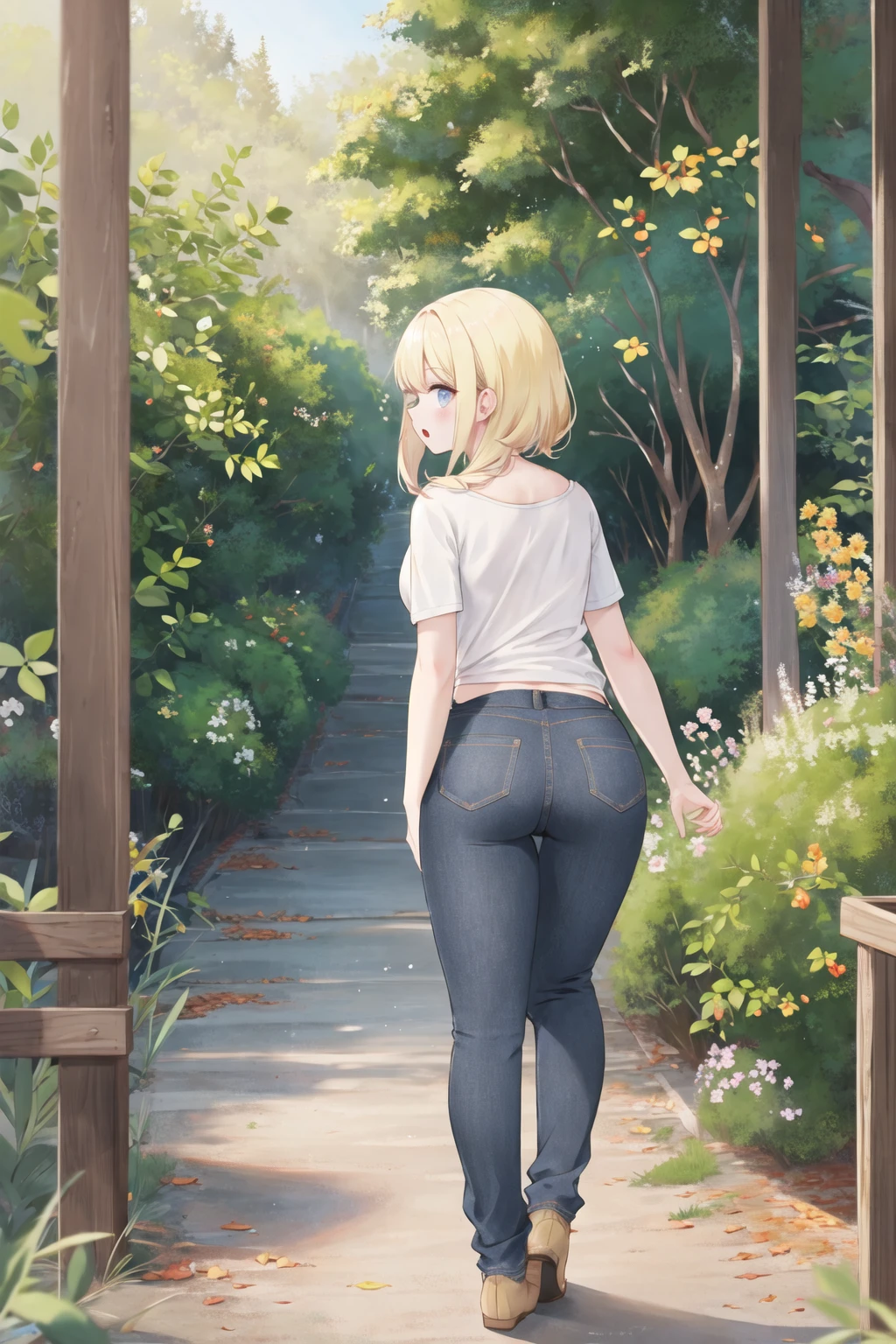 <lora:pnclpnts-10:0.6>, pencil pants, outdoors, from behind, :o, looking back, outdoors, forest ass, blonde hair