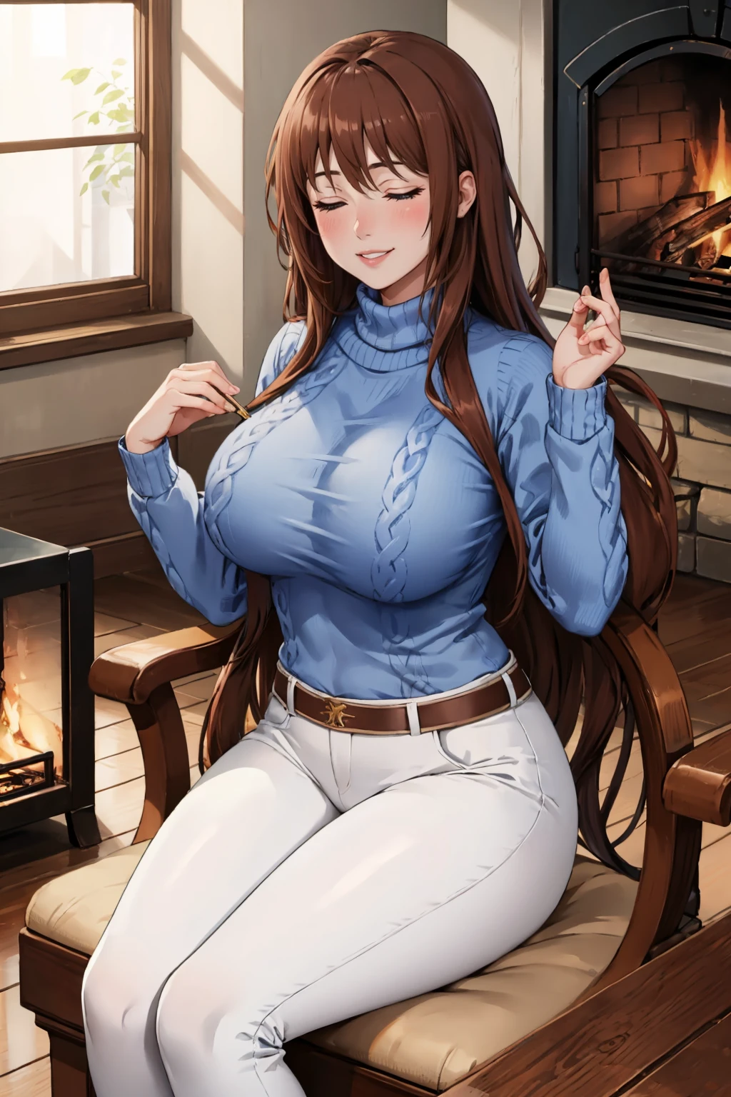 masterpiece, best quality, <lora:dmastraea-nvwls-v1-000009:0.8> dmastraea, very long hair, huge breasts, blue sweater, cable-knit sweater, closed eyes, smile, white pants, fireplace, chair, sitting