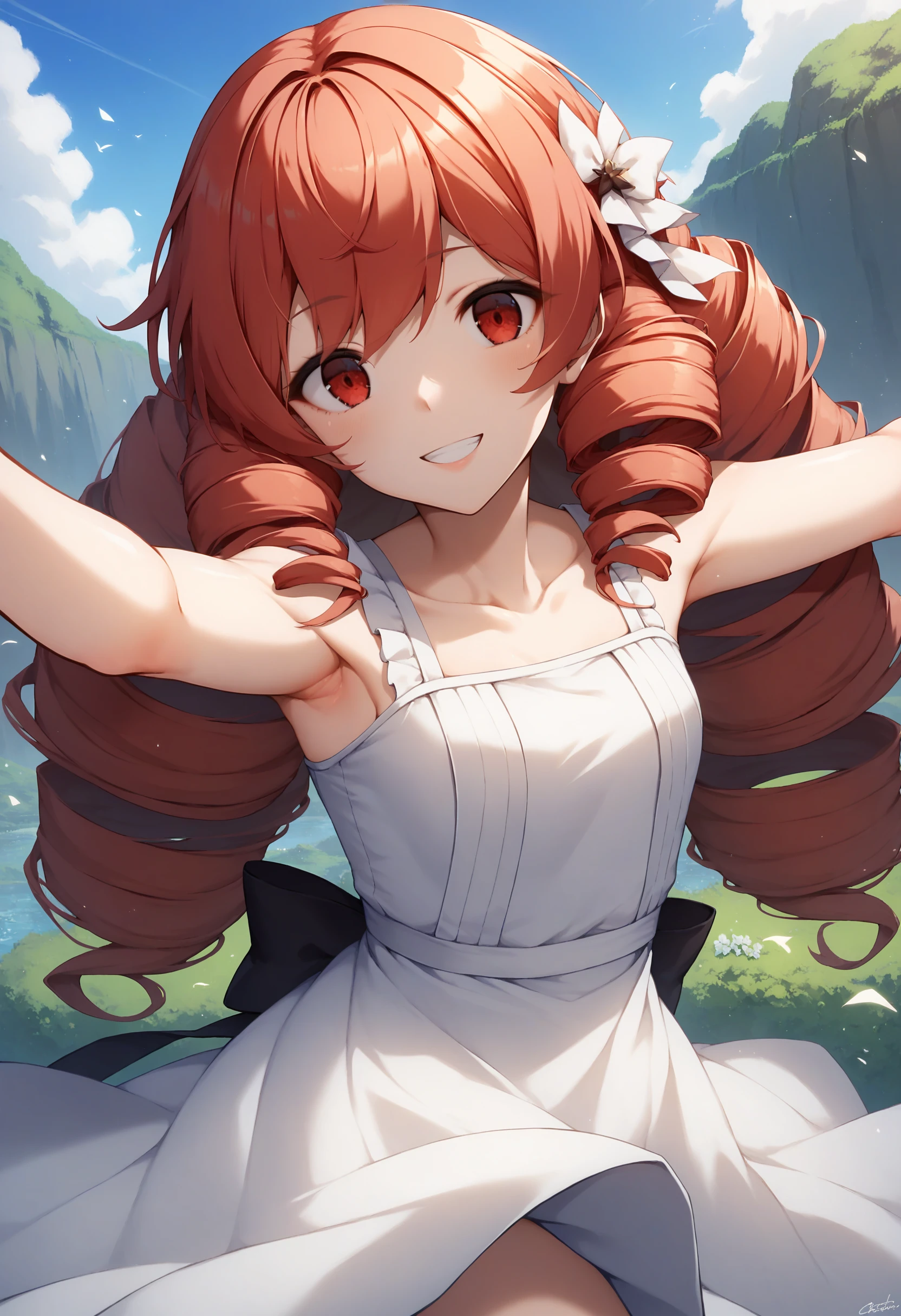 score_9, score_8_up, score_7_up, source_anime, 1girl,red eyes,smile, outdoors, best quality, red hair, ringlets, outstretched arms, white sundress, by xfate <lora:xFate-Style-PonyXL:1>