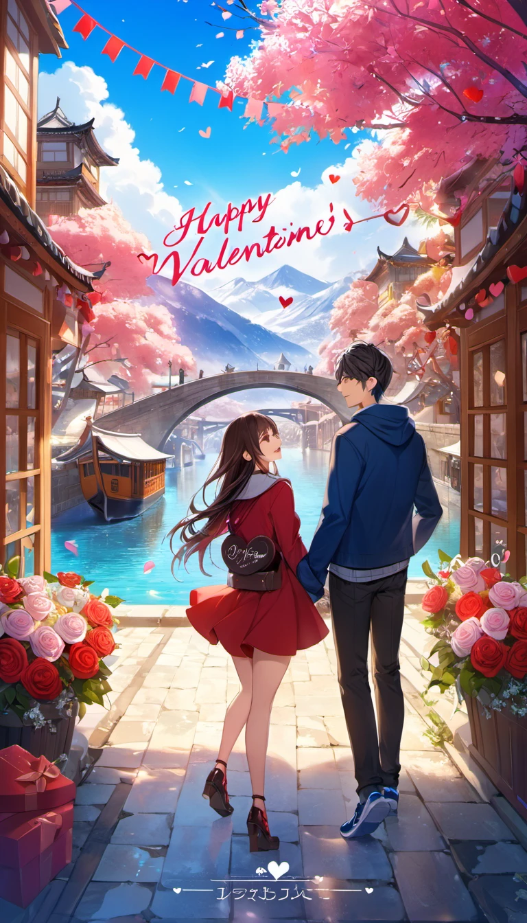 1girl, 1boy, happy valentine, vivid, scenery, detailed background, masterpiece, best quality, high quality, absurdres