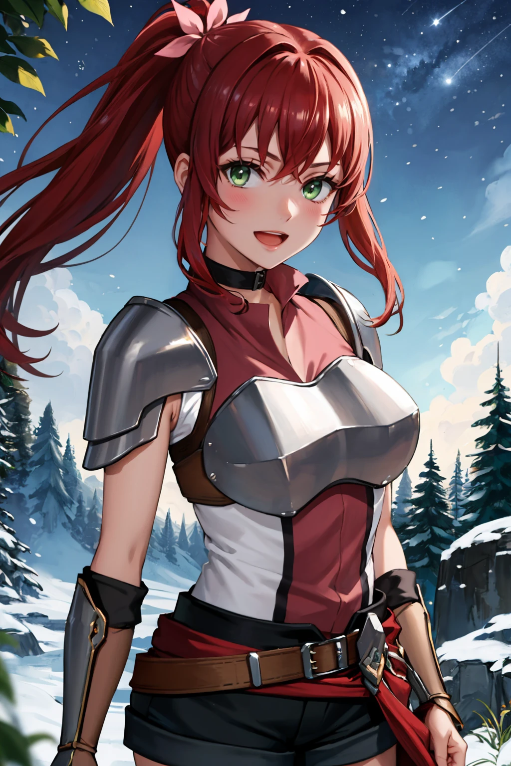 masterpiece, best quality, <lora:dmalise-nvwls-v1-000009:0.9> alise, ponytail, armor, shoulder armor, sleeveless shirt, black shorts, belt, clothes around waist, black thighhighs, gauntlets, upper body, :D, forest, night sky, looking at viewer, large breasts