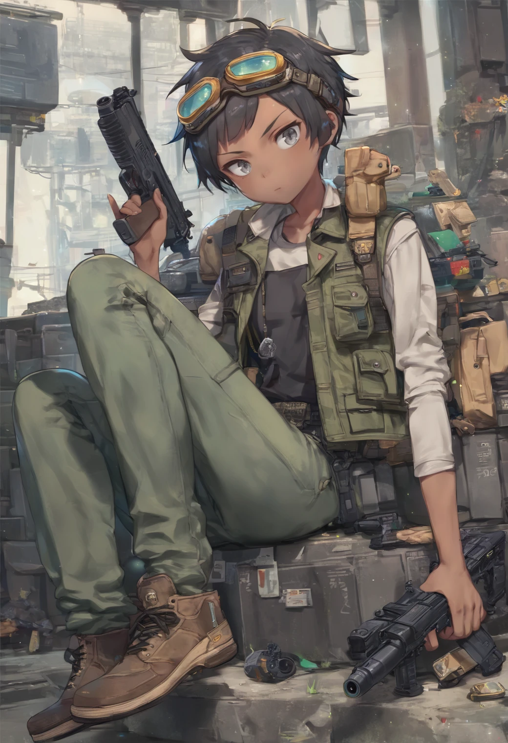 score_9, score_8_up, score_7_up, score_6_up, score_5_up, score_4_up, source_anime, 1girl, short hair, black hair, grey eyes, dark skin, jeans, shirt, vest, gun, indoors, goggles, green jacket, green pants, brown shoes, goggles on head, <lora:Kuroboshi pony sdxl_lora:1.25>