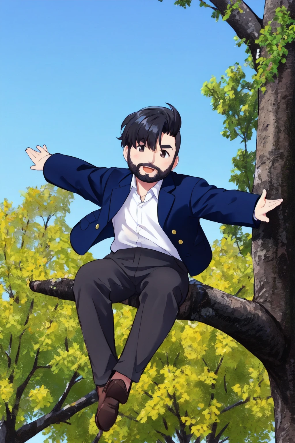 gabriel boric, 1boy,solo, beard, male focus, solo,mohawk, facial hair, full body, black hair, white shirt, short hair, smile, looking ahead mustache, collared shirt, on top of a tree, black jacket,outstretched arms, outdoors, realistic, blue sky, open mouth, day, thick eyebrows,nose,dark brown eyes, (best quality, masterpiece) <lora:boric_v1:1>