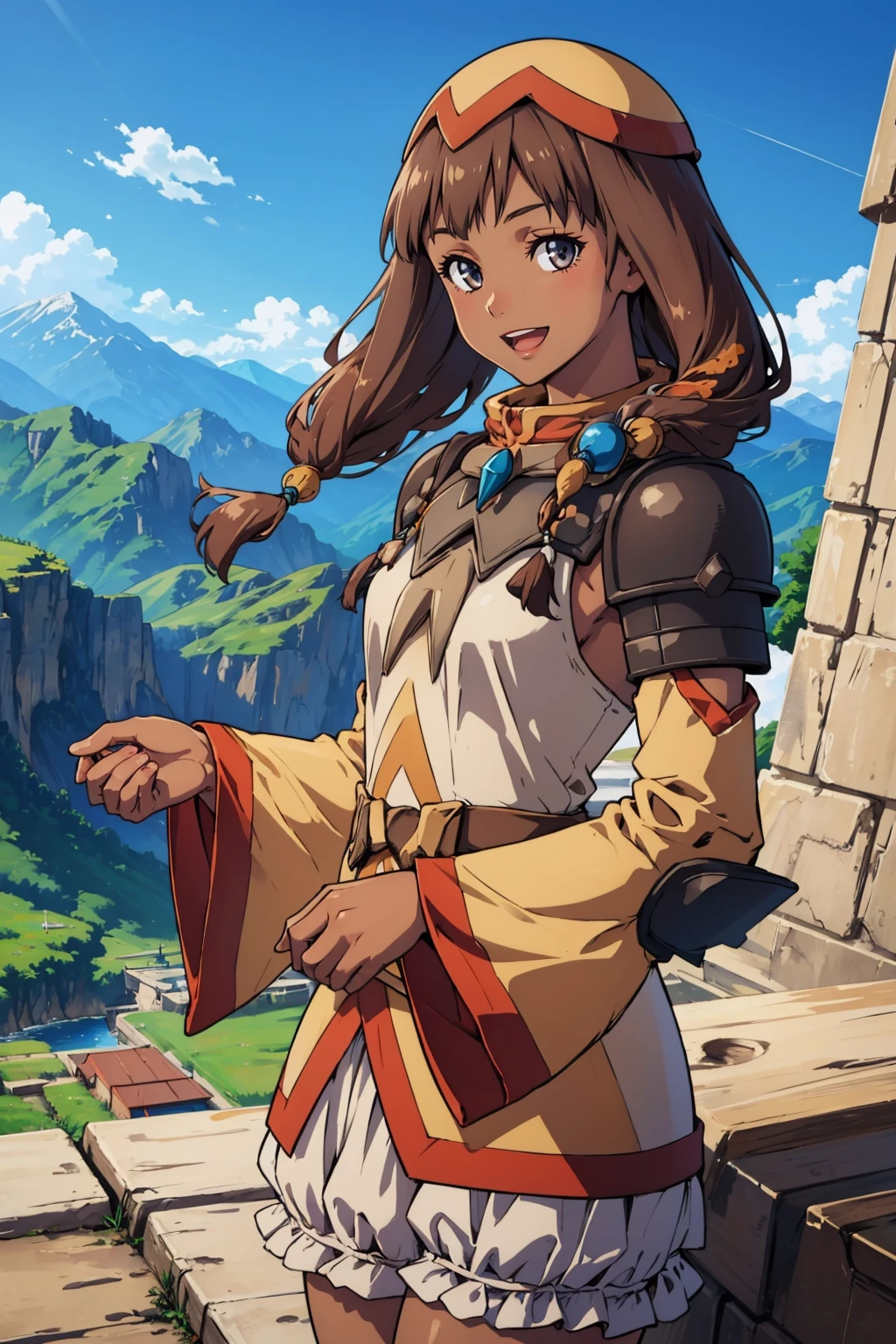 masterpiece, best quality, <lora:cruxie-nvwls-v1-000010:0.9> cruxie, dark skin, hat, tan dress, armor, detached sleeves, bloomers, smile, blue sky, mountains, looking at viewer, :D