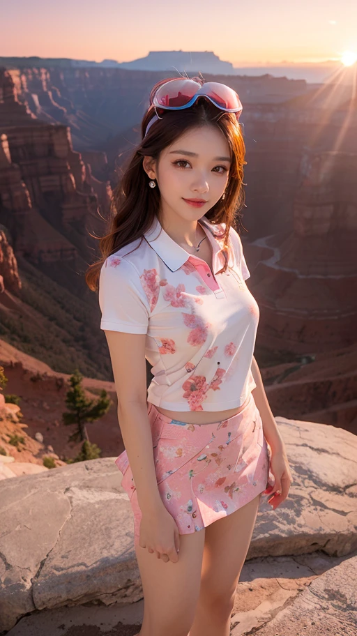 (Realisticity:1.4),Cinematic Lighting,1Girl,(standing,beautiful long_Slender_legs),(korean mixed,kpop idol:1.2),earrings,necklace,(long_brown_wavy_hair),shiny_lips,eyelashes,make-up,shiny,Pore,skin texture,big breasts,smile, ((Bright orange and pink floral print skort with white polo shirt and matching orange and pink visor)),((Epic mountain view, winter, Majestic canyons, Sunsets))