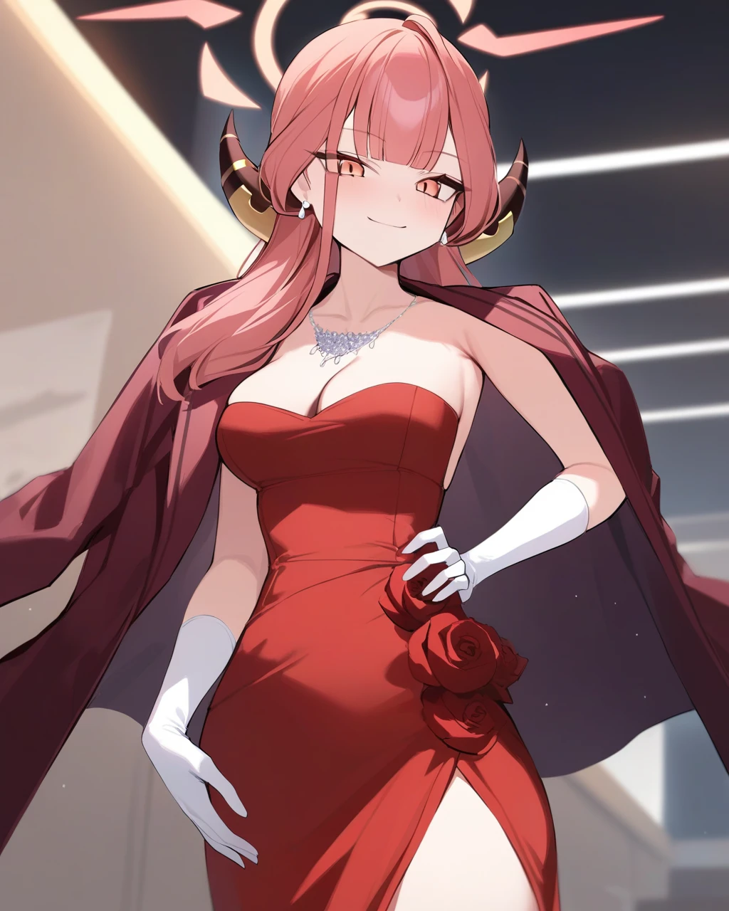masterpiece,best quality,<lora:aru:1>,1girl, aru_\(blue_archive\), gloves, breasts, solo, horns, white_gloves, long_hair, dress, jewelry, cleavage, red_dress, halo, necklace, hand_on_hip, pink_hair, coat_on_shoulders, looking_at_viewer, side_slit, bangs, smile, elbow_gloves, coat, jacket_on_shoulders, closed_mouth, red_coat, jacket, medium_breasts, blunt_bangs, strapless, cowboy_shot