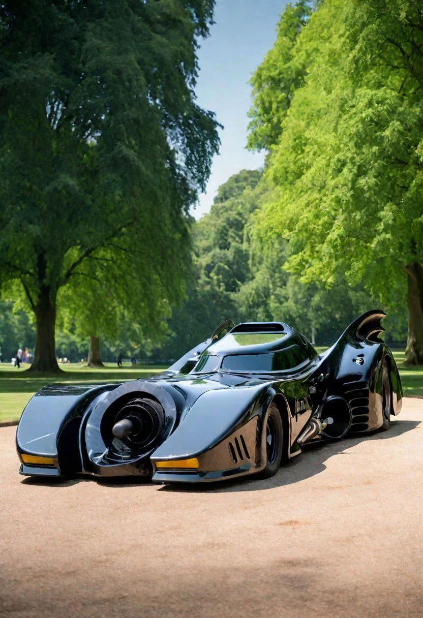 batmobile-1989 in daylight green park, clear sky, sharp contures,