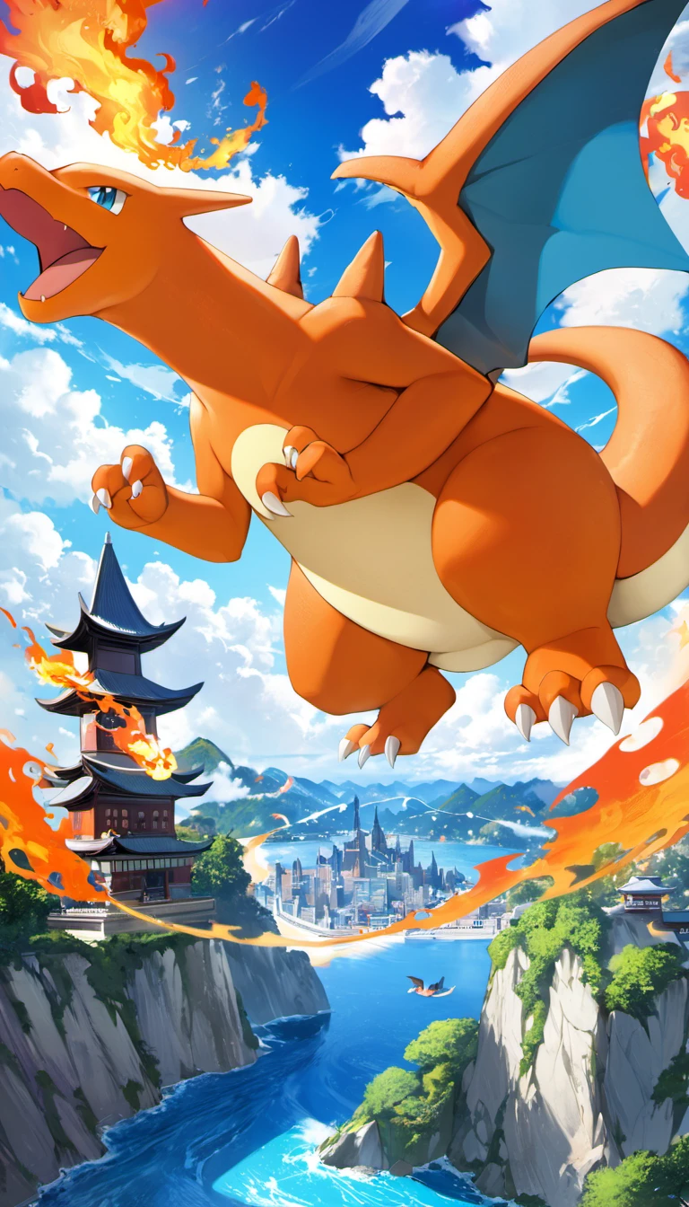 charizard, vivid, scenery, detailed background, masterpiece, best quality, high quality, absurdres