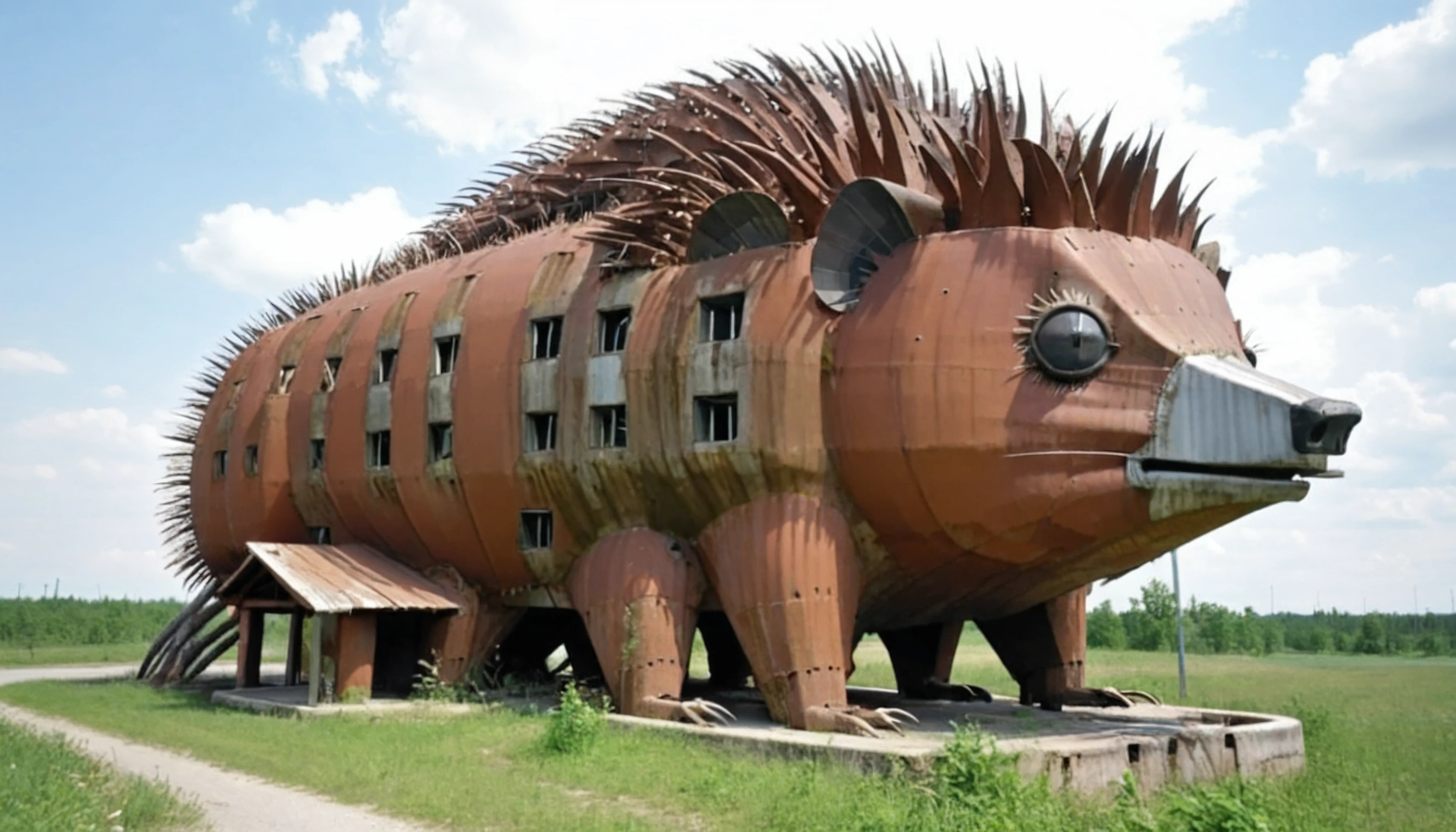 A porcupine shaped rusted novarc building is all that remains of human civilization <lora:Novelty_Architecture:1>