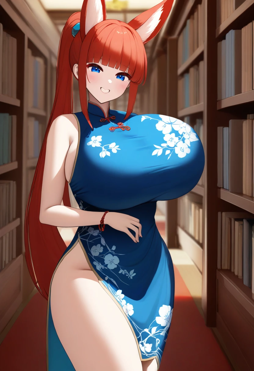 masterpiece, best quality, 1girl, solo, library, blue eyes, red hair, fox girl, fox ears, qipao, standing, cowboy shot, standing, facing front, blue chinese dress, grin, blush, gigantic breasts, wide hips, thick thighs, blunt bangs, ponytail, by nicorima <lora:Nicorima-Style-AniXL-000074:1>