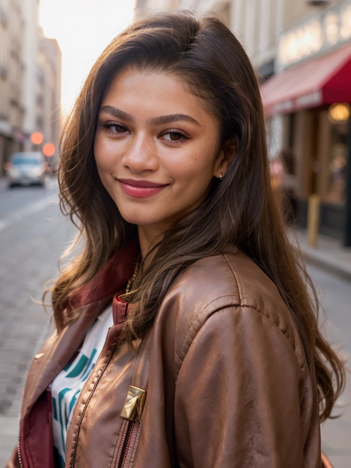 raw photo,(close-up),(masterpiece),znd,long straight hair,smile,city street,red jacket,daylight,dof,volumetric lighting,(film grain:1),add_detail,(rim lighting:1.1)