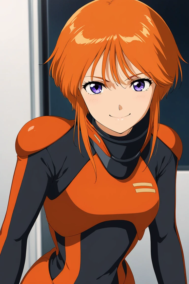 1girl,solo,lppl2,smile,upper_body,orange_hair,pilot_suit,best_quality,anime_screencap,<lora:lppl2_xl_v1:1>,