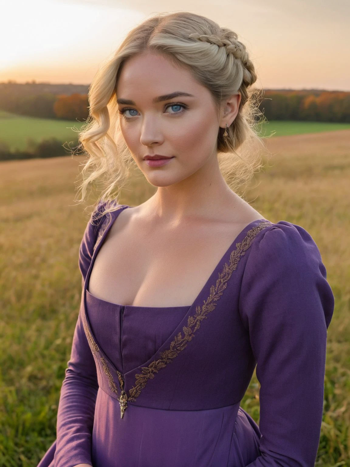 Photo taken at dusk, Portrait photoshoot, close up, Incredibly beautiful 25 year old blonde woman, striking [blue:10] eyes, flawless skin, purple regency period dress, tiny waist, confident and graceful posture, grassy meadow in the fall, female alexander dreymon tom ellis  <lora:Regency_Period:0.5>, (pores sweat skin texture:0.5)