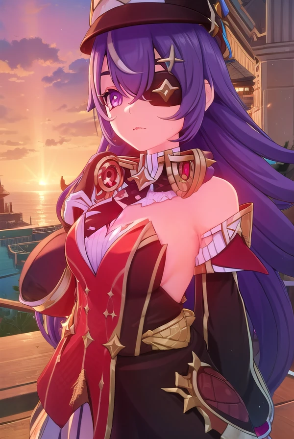chevreuse, <lora:genshin chevreuse ingame-lora-nochekaiser:1>,
chevreuse, long hair, bangs, hair between eyes, (purple eyes:1.1), purple hair, (eyepatch:1.5),
BREAK gloves, hat, dress, bare shoulders, detached sleeves,
BREAK outdoors,
BREAK looking at viewer, (cowboy shot:1.5),
BREAK <lyco:GoodHands-beta2:1>, (masterpiece:1.2), best quality, high resolution, unity 8k wallpaper, (illustration:0.8), (beautiful detailed eyes:1.6), extremely detailed face, perfect lighting, extremely detailed CG, (perfect hands, perfect anatomy),