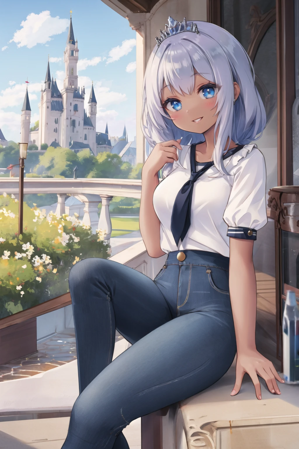 <lora:pnclpnts-10:0.6>, pencil pants, outdoors, castle, tiara, puffy short sleeves, dark-skinned female, smile, lips