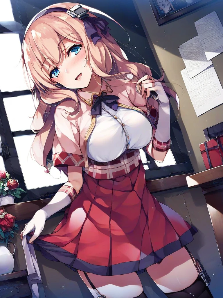 One Woman、cute女性、Thick thighs、Best image quality、High resolution、masterpiece、super high quality、Squat with your legs apart、cute、Striped bra、Striped panties、Panties are visible through a very short pleated skirt、Big Ass、Large Breasts 、Blushing、4K quality、Blushing、Proud face、Wearing black knee socks、bed、Squat with your legs apart、Panty shot、Sweaty all over、Heavy breathing、Chest is bobbing up and down、heart、Condescending look、Low Angle、Zoom in on the crotch、Cowboy Shot、(from below:1.3)Sitting with Knees Up on sofa at living, spread legs