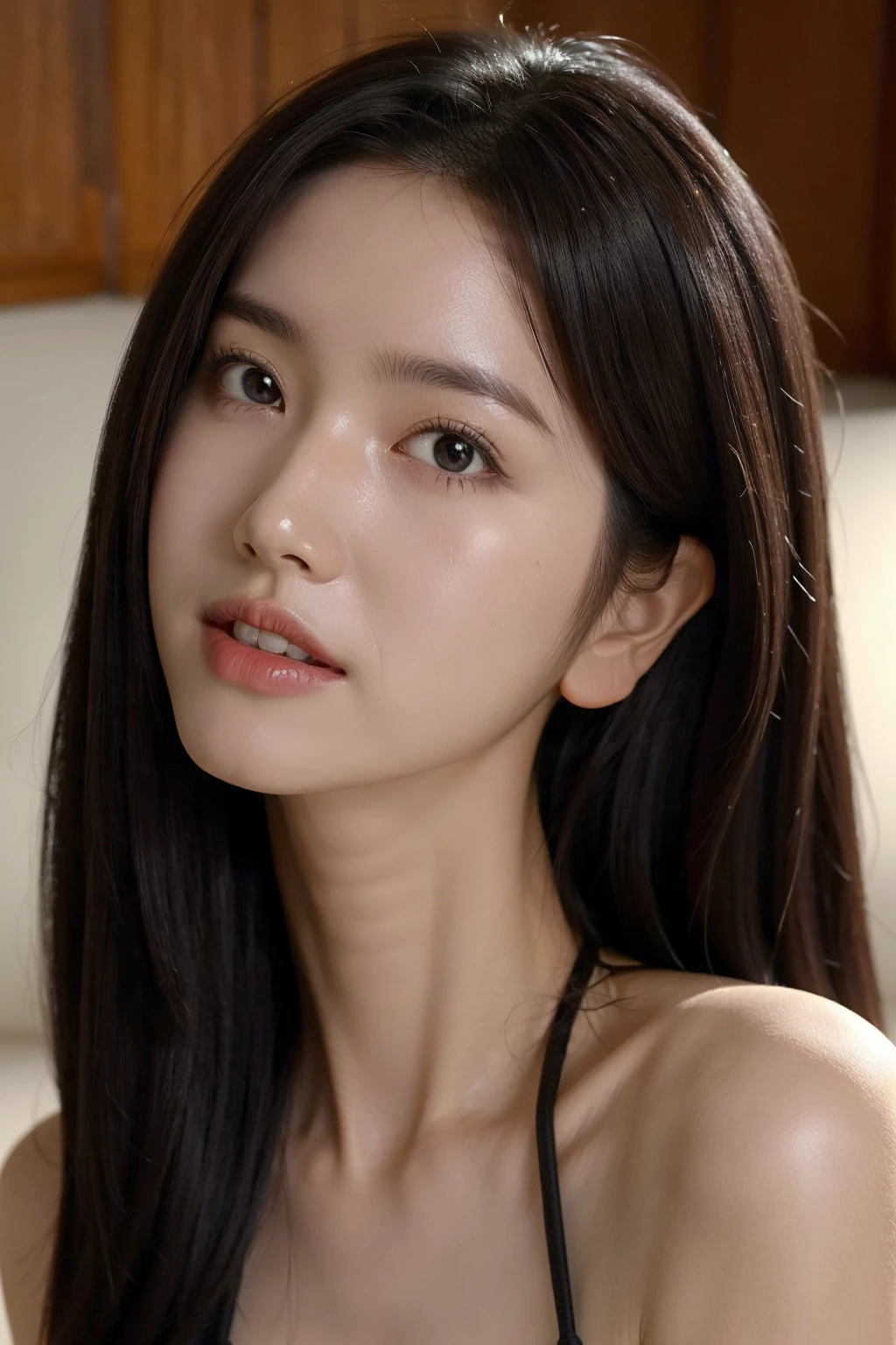 Best quality, masterpiece, ultra high res, (photorealistic), raw photo,1girl, upper body,solo, realistic, lips, looking at viewer, teeth, long hair, parted lips, brown hair, simple background, brown eyes, black dress, <lora:makina69_taeri_v1.4:1>