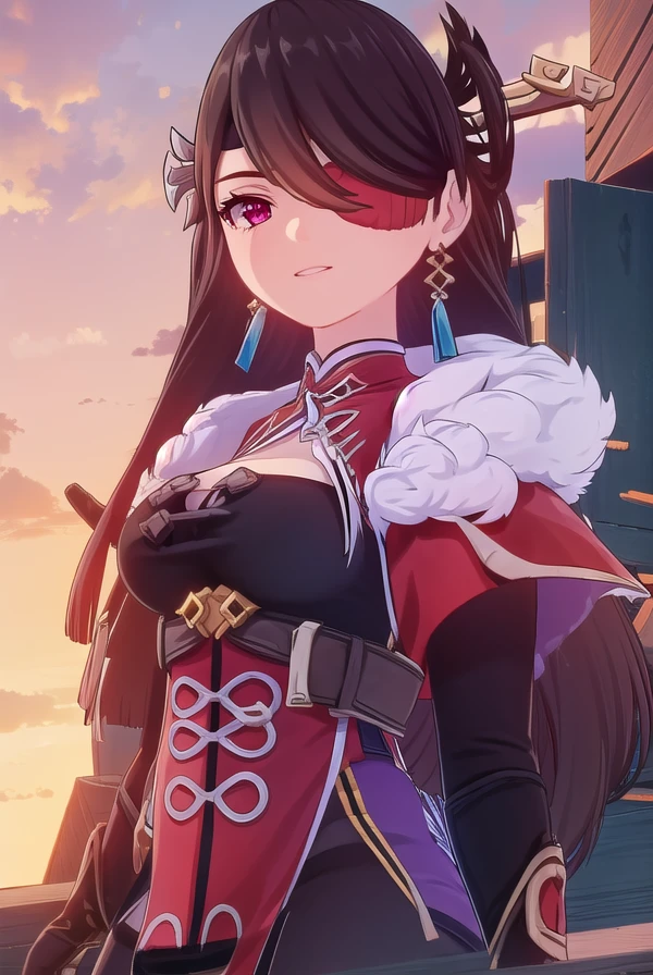 beidou, <lora:genshin beidou ingame-lora-nochekaiser:1>,
beidou, long hair, bangs, brown hair, black hair, hair ornament, (red eyes:1.3), (hair over one eye:1.5), (eyepatch:1.5), hairpin, (one eye covered:1.5), smile, grin,
BREAK thighhighs, gloves, cleavage, jewelry, earrings, black gloves, fingerless gloves, fur trim, chinese clothes, vision \(genshin impact\),
BREAK outdoors,
BREAK looking at viewer, (cowboy shot:1.5),
BREAK <lyco:GoodHands-beta2:1>, (masterpiece:1.2), best quality, high resolution, unity 8k wallpaper, (illustration:0.8), (beautiful detailed eyes:1.6), extremely detailed face, perfect lighting, extremely detailed CG, (perfect hands, perfect anatomy),