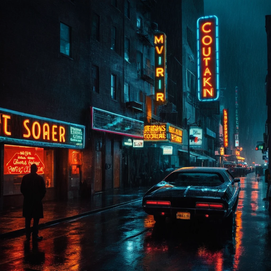 Neon noir, classic film noir style <lora:Classic Film Noir style:1>
, Cyberpunk, dark, rainy streets, neon signs, high contrast, low light, vibrant, highly detailed
